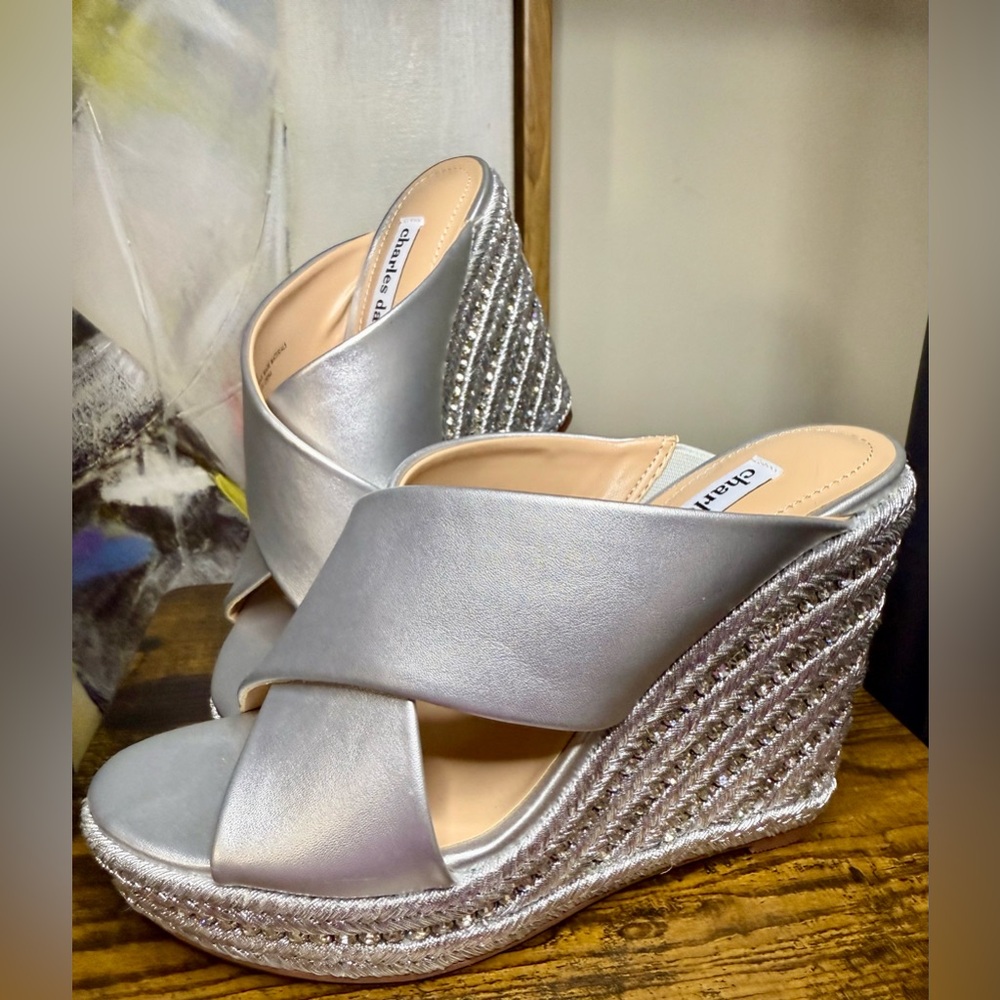 Charles David Silver Bejeweled Espadrille Wedge Sandals